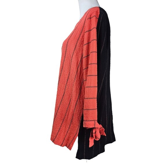 Ali Miles Orange & Black Striped Tunic L Crepe Stretch Colorblock Boho Lagenlook - Picture 3 of 9